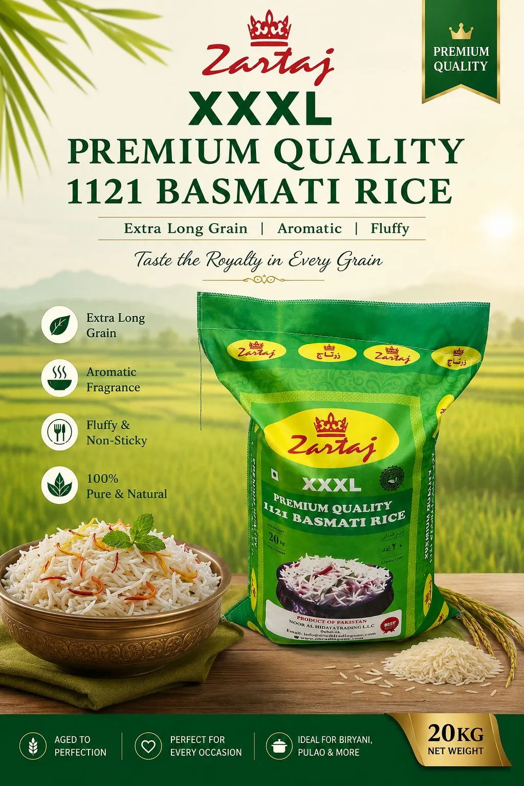 Zartaaj BASMATI Steamed RICE (20 KG Bag) 🇵🇰 – Premium Pakistani Long Grain | Bulk Basmati Rice UAE
