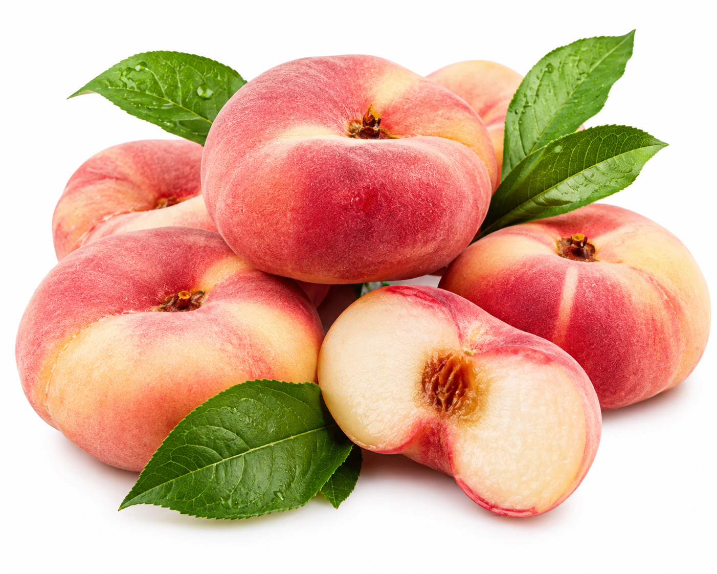Fresh-Flat-Peaches-with-Green-Leaves-1.png Fresh Flat Peaches 🇪🇸 – Premium Spain Imported | Sweet & Juicy Stone Fruit - Image 1