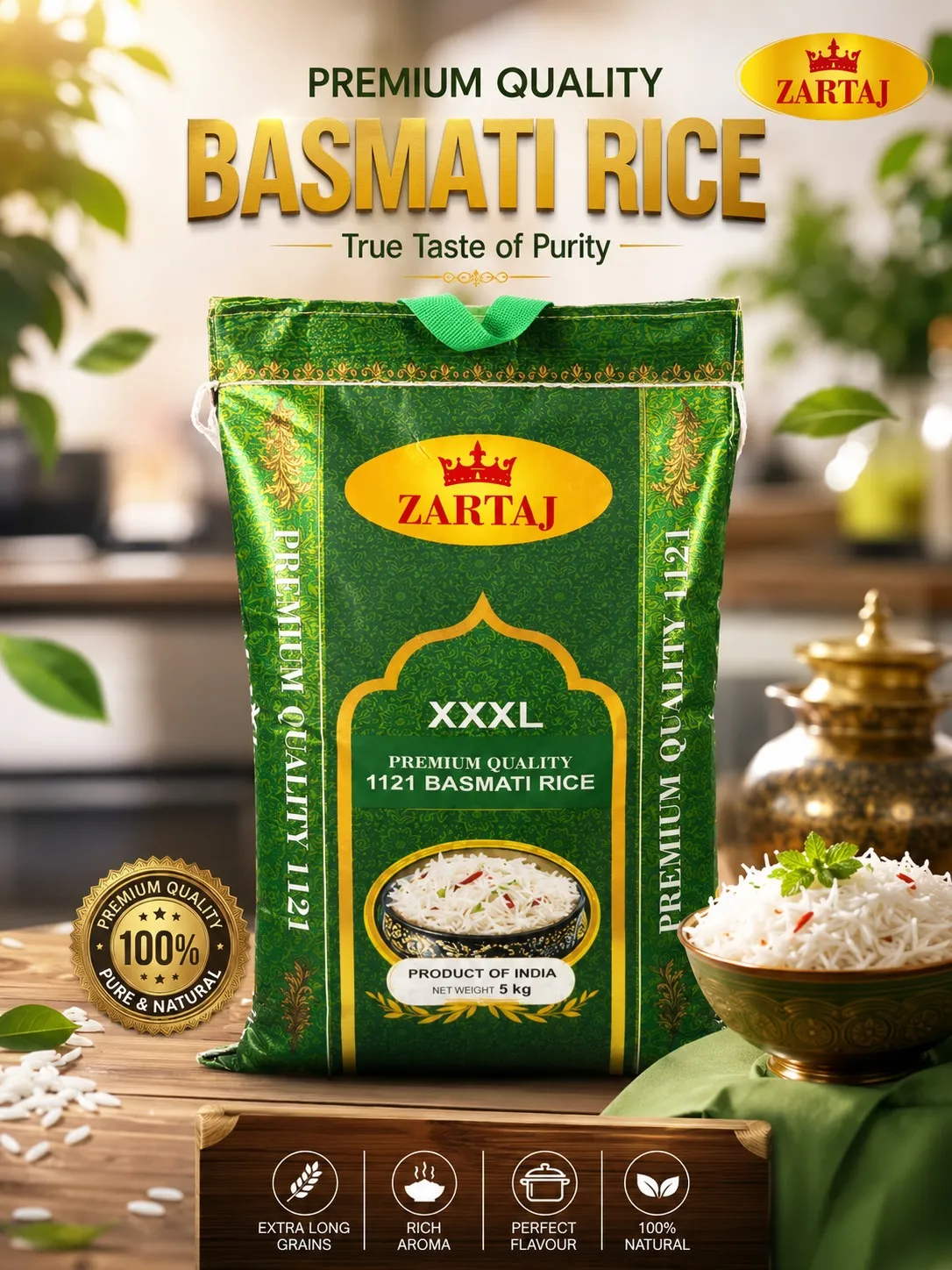 Raw_basmati_rice_pack.webp Zartaaj BASMATI Rice (5 KG Bag) 🇮🇳 – Long Grain Aromatic | Premium Basmati Rice UAE - Image 1